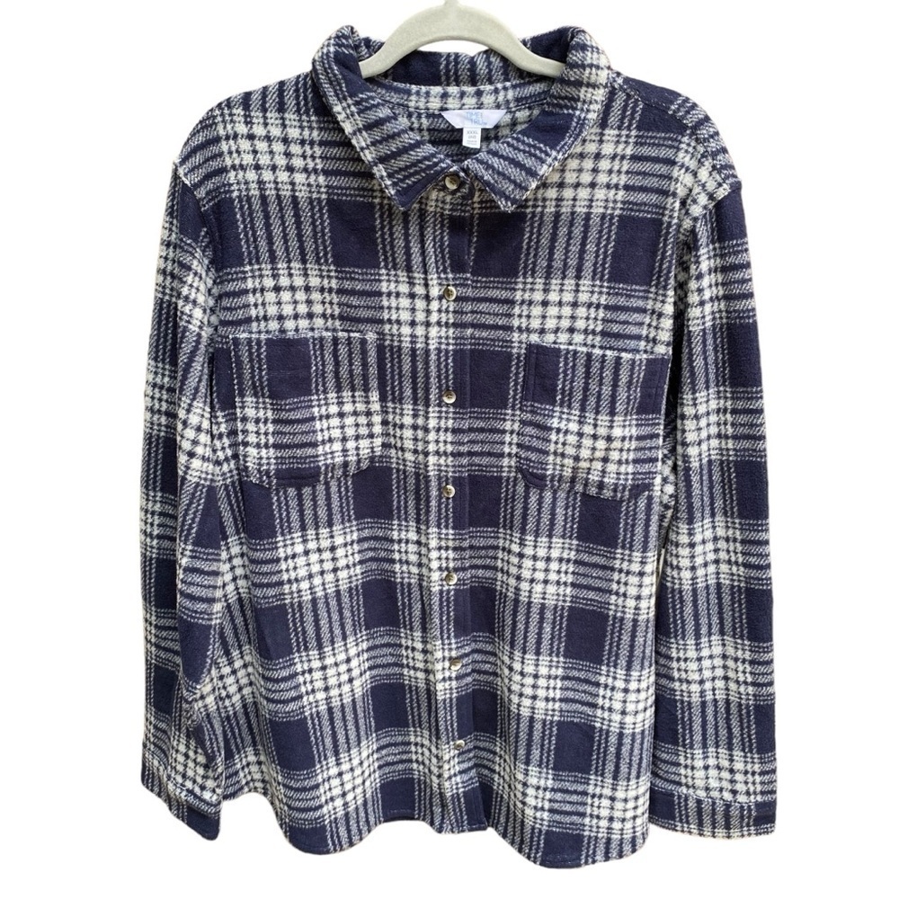 Time and Tru Women's Plaid Button Down Shirt Size XXXL NWT Dark Navy Plaid - Picture 4 of 12